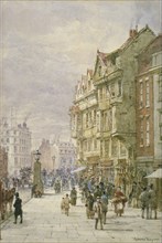 View east along Holborn with figures and horse-drawn vehicles on the street, London, 1875. Artist: Louise Rayner