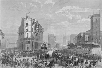 Queen Victoria in Holborn Circus on her way to the opening of Holborn Viaduct, London, 1869. Artist: Anon