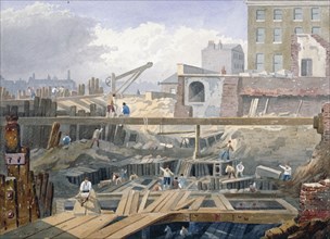 View of the foundations being dug for the first arch of London Bridge, 1825. Artist: Anon