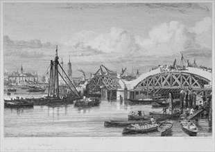 London Bridge under construction, 1827. Artist: George Cooke