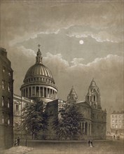 North-east view of St Paul's Cathedral by moonlight, City of London, 1850. Artist: Anon