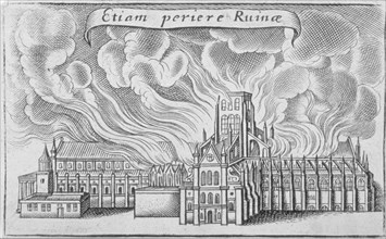 Old St Paul's Cathedral burning in the Great Fire of London, 1666. Artist: Wenceslaus Hollar