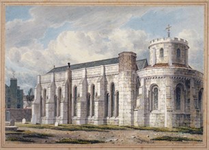 View of Temple Church from across the graveyard, City of London, 1811. Artist: George Shepherd