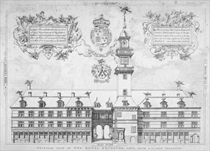View of the Royal Exchange with coats of arms above, City of London, 1569. Artist: Anon