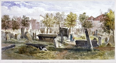 View of tombs and memorial stones in Bunhill Fields, Finsbury, Islington, London, 1866. Artist: Anon