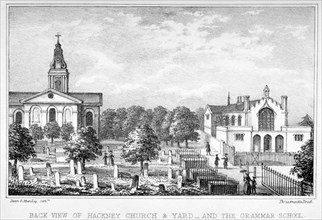 Back view of the Church of St John at Hackney and a grammar school, London, c1835. Artist: Dean and Munday