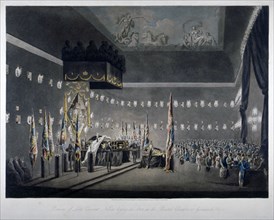 Lord Nelson lying in state in the painted chamber at Greenwich Hospital, London, 1806. Artist: M Merigot
