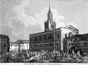 View of the church and graveyard of St James Clerkenwell, London, c1820. Artist: William Fellows