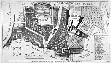 Map of Charterhouse and Cow Cross showing adjoining parishes and wards, London, 1755. Artist: Anon