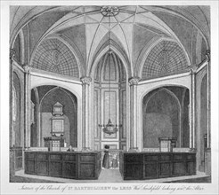 Interior of the Church of St Bartholomew-the-Less looking towards the altar, City of London, 1834. Artist: Anon