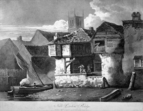 Old houses on Bankside, near London Bridge and St Saviour's Dock, Southwark, London, 1810. Artist: Anon