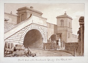 View of the south end of Southwark Bridge from Bankside, Southwark, London, 1828. Artist: John Chessell Buckler