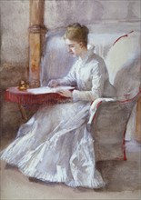 'A Woman in White Writing at a Desk', c1864-1930. Artist: Anna Lea Merritt