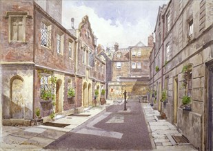 View of almshouses in Cock Court, Jewry Street, City of London, 1886. Artist: John Crowther