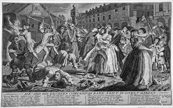 'He and his drunken companions raise a riot in Covent Garden', 1735. Artist: Anon