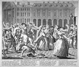 He and his drunken companions raise a riot in Covent Garden', 1735. Artist: Anon