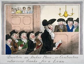 'Devotion in Duke's Place or contractors returning thanks for a loan', c1818. Artist: Anon