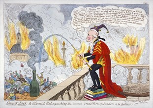 Smoak Jack the alarmist, extinguishing the second Great Fire of London (a la Gulliver)!!!', 1819. Artist: Anon