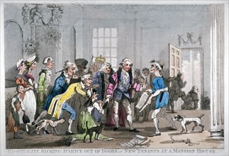 'Hospitality kicking Avarice out of doors; or, new tenants at the Mansion House', 1799. Artist: Anon