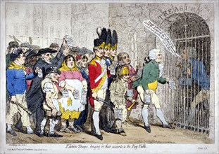 Election-troops, bringing in their accounts, to the pay-table', 1788. Artist: James Gillray