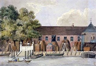 View of the Steelyard from the River Thames, Upper Thames Street, London, c1801. Artist: Charles Tomkins