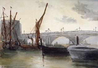 View of Blackfriars Bridge, with boats in the foreground, London, c1835. Artist: Thomas Hollis