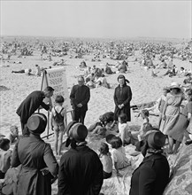 The Salvation Army runs a children's beach mission on the sand, Blackpool, c1946-c1955