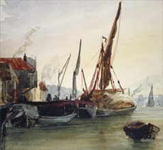 View of boats moored on the River Thames at Bankside, Southwark, London, c1830. Artist: Thomas Hollis