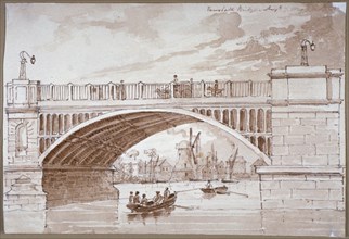 View of a small boat passing underneath Vauxhall Bridge, London, 1820. Artist: DHC