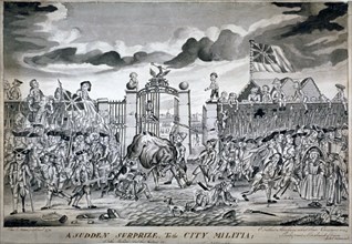 'A sudden surprize to the City Militia ...', 1774. Artist: John Nixon
