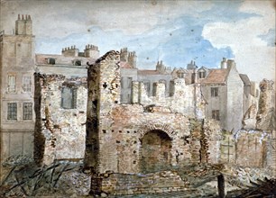 Ruins of a fire-damaged building in Bear Yard, Westminster, London, 1809. Artist: Daniel Thorn