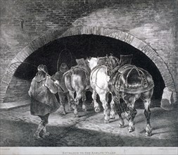 Entrance to the Adelphi wharf showing work horses and two men, Westminster, London, c1850. Artist: Charles Joseph Hullmandel