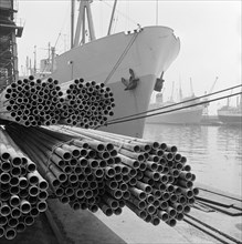 Scaffolding poles, London Docks, July 1965