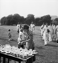 Tea interval at a cricket match, Lewes, East Sussex, 1959