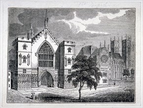 Westminster Hall from New Palace Yard with a view of Westminster Abbey, London, c1820. Artist: W Hughes