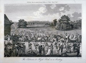 View of the crowded entrance to Hyde Park on a Sunday, London, 1804. Artist: John Pass