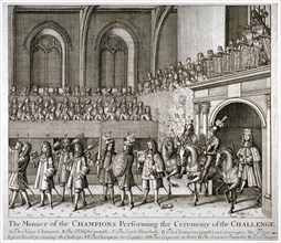 The Champions performing the ceremony of the Challenge, Westminster Hall, London, 1821. Artist: Anon