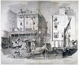 View of Hungerford Stairs, near the market, Westminster, London, 1822. Artist: George Harley