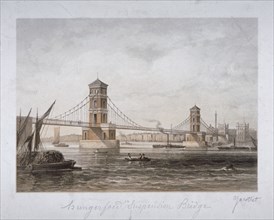 View of Hungerford Suspension Bridge and boats on the River Thames, London, 1854. Artist: Louis Julien Jacottet