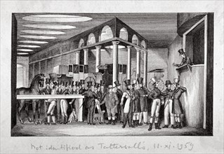 Interior view of a horse sale yard, possibly Tattersall's, Hyde Park Corner, London, c1830. Artist: Anon