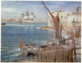 HMS 'The Victory' at Portsmouth', 1907. Artist: Albert Goodwin