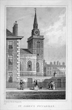 View of the north-western end of St James's Church, Piccadilly, London, c1827. Artist: Thomas Barber