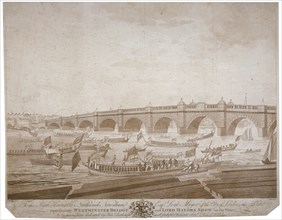 Westminster Bridge with the Lord Mayor's procession on the River Thames, London, 1783. Artist: I Wells