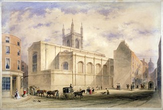 View of St Mary Aldermary with a street scene in Watling Street, City of London, c1850. Artist: Anon