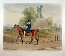 The Duke of Wellington riding past the Achilles statue in Hyde Park, London, 1844. Artist: John Harris