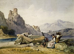 'Figures and a boat on the shore of a lake, a house and ruined castle in the background', c1830s.