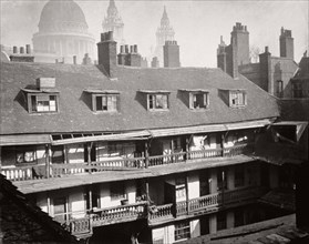 View of the galleries at the Oxford Arms Inn, Warwick Lane, from the roof, City of London, 1875.