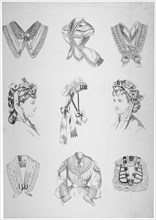Nine vignettes of collars, hats and bodices, 1872. Artist: Anon