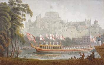 City of London State Barge moving up the River Thames, Windsor, Berkshire, 1812. Artist: Anon