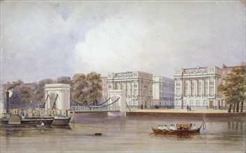 View of Cadogan Pier with boats on the River Thames, Chelsea, London, c1860. Artist: Anon